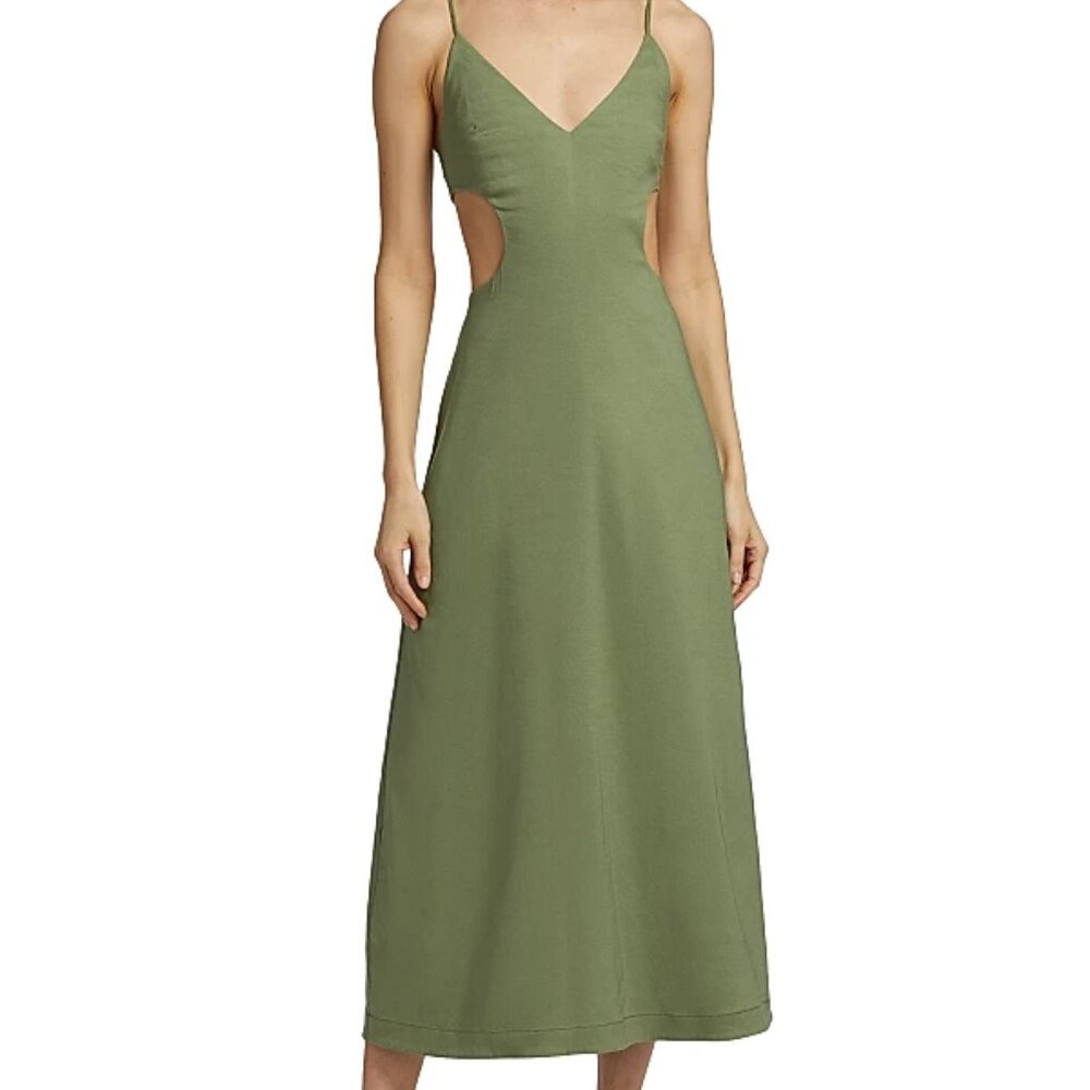 New JONATHAN SIMKHAI Giulia Linen-Blend Cut-Out Midi Dress Sz 2 XS
